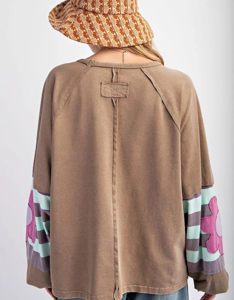 Light French Beige Flower Striped Patchwork Puff Sleeve Loose Sweatshirt
