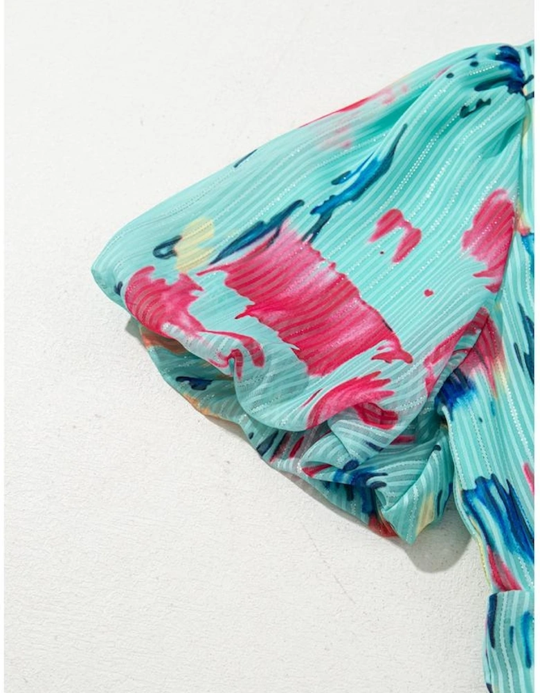 Sky Blue Abstract Print Short Puff Sleeve Tiered Maxi Dress