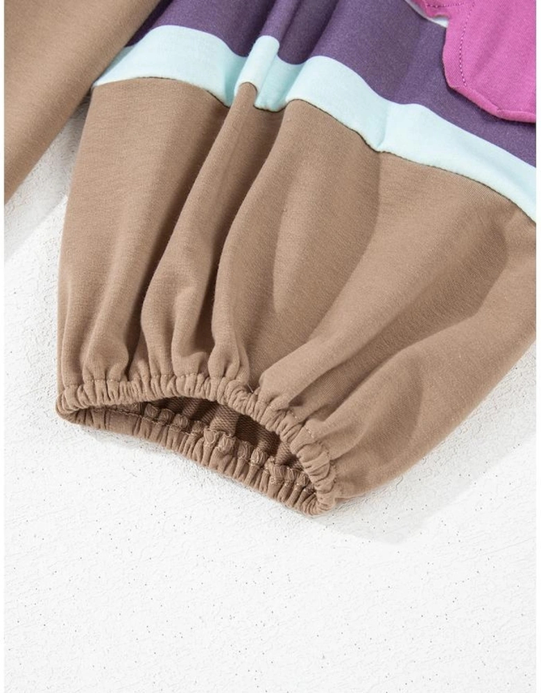 Light French Beige Flower Striped Patchwork Puff Sleeve Loose Sweatshirt