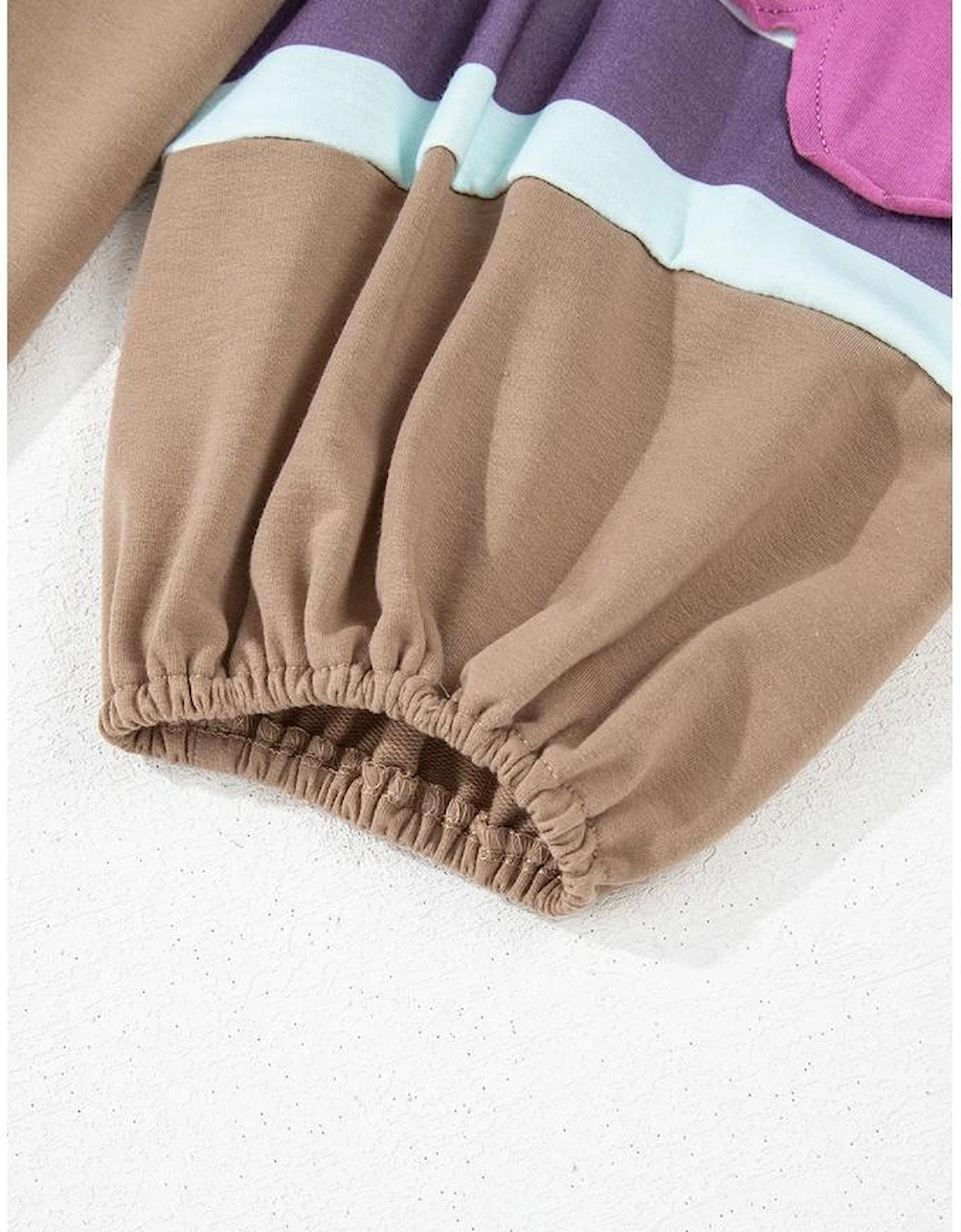 Light French Beige Flower Striped Patchwork Puff Sleeve Loose Sweatshirt