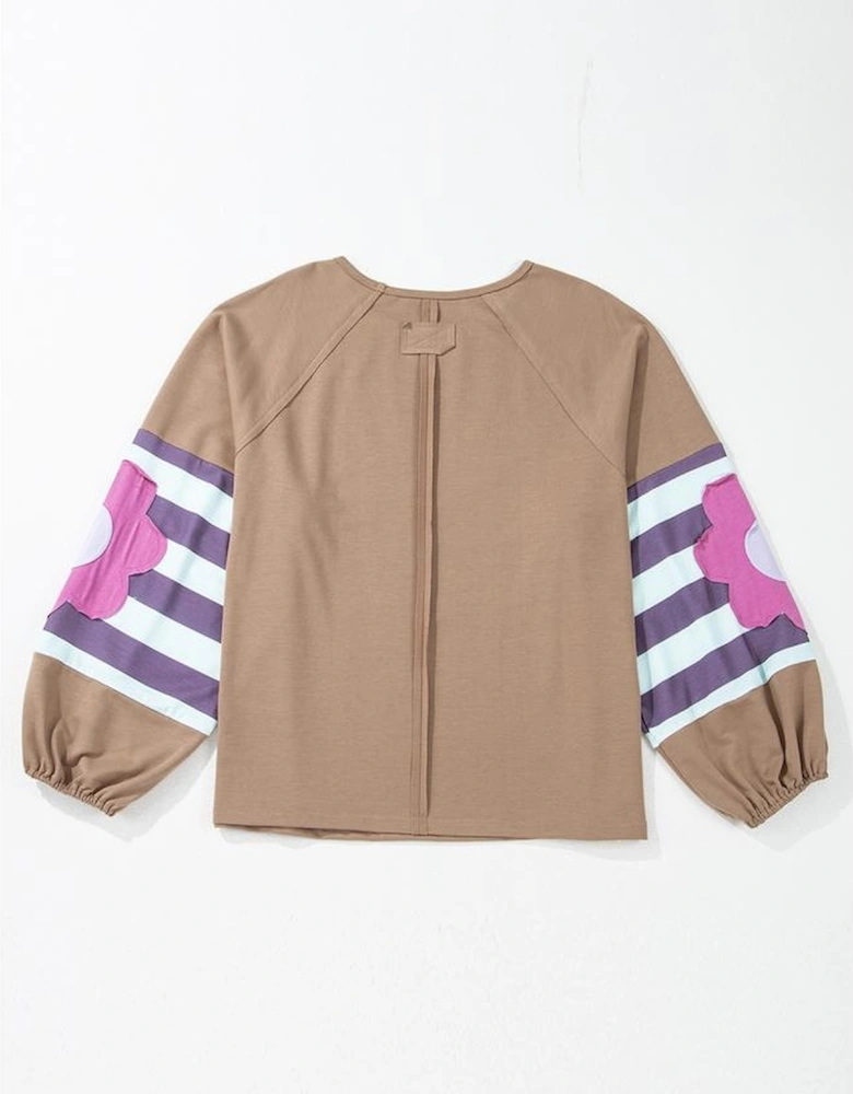 Light French Beige Flower Striped Patchwork Puff Sleeve Loose Sweatshirt