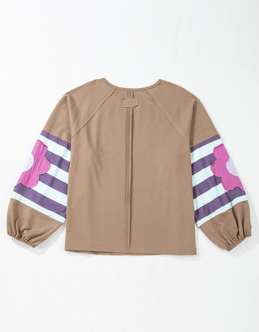 Light French Beige Flower Striped Patchwork Puff Sleeve Loose Sweatshirt