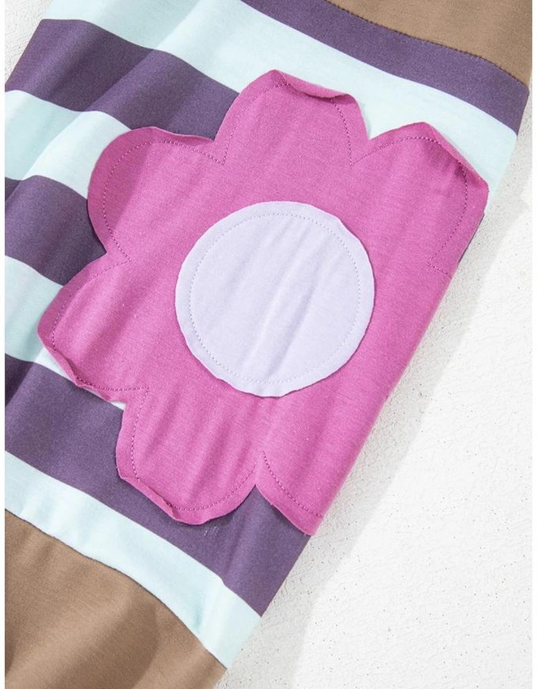 Light French Beige Flower Striped Patchwork Puff Sleeve Loose Sweatshirt