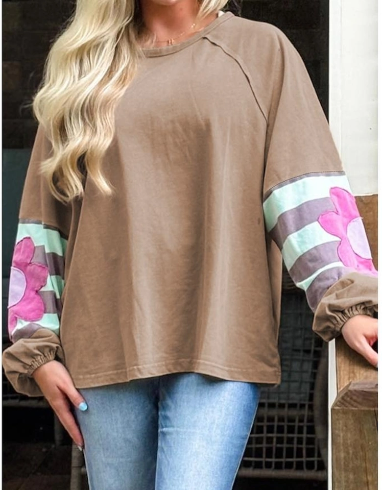 Light French Beige Flower Striped Patchwork Puff Sleeve Loose Sweatshirt