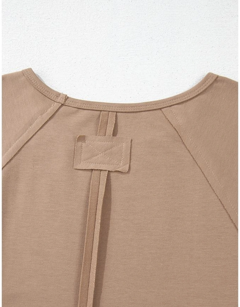 Light French Beige Flower Striped Patchwork Puff Sleeve Loose Sweatshirt