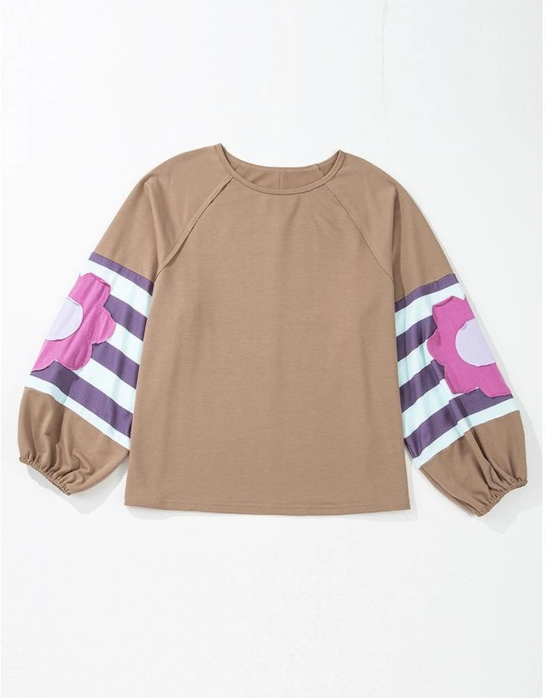 Light French Beige Flower Striped Patchwork Puff Sleeve Loose Sweatshirt