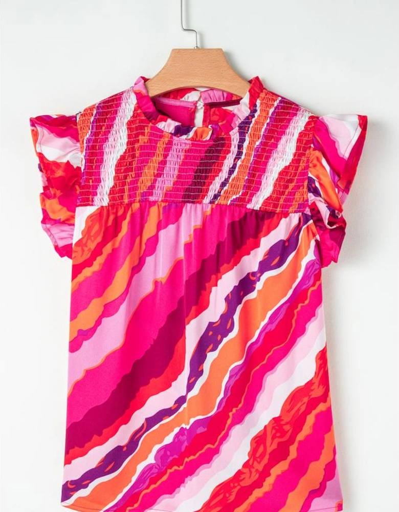 Rose Abstract Print Shirred Yoke Ruffled Blouse