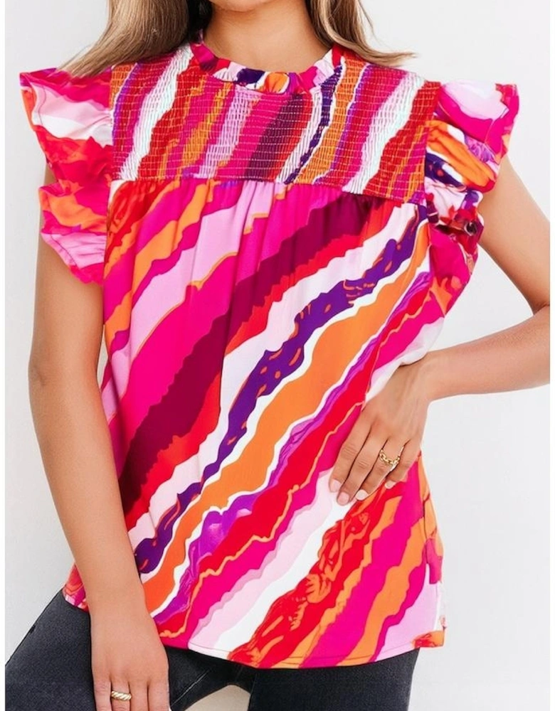 Rose Abstract Print Shirred Yoke Ruffled Blouse