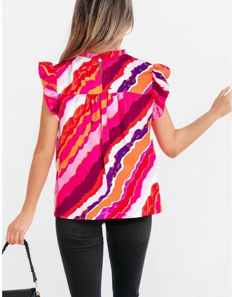 Rose Abstract Print Shirred Yoke Ruffled Blouse