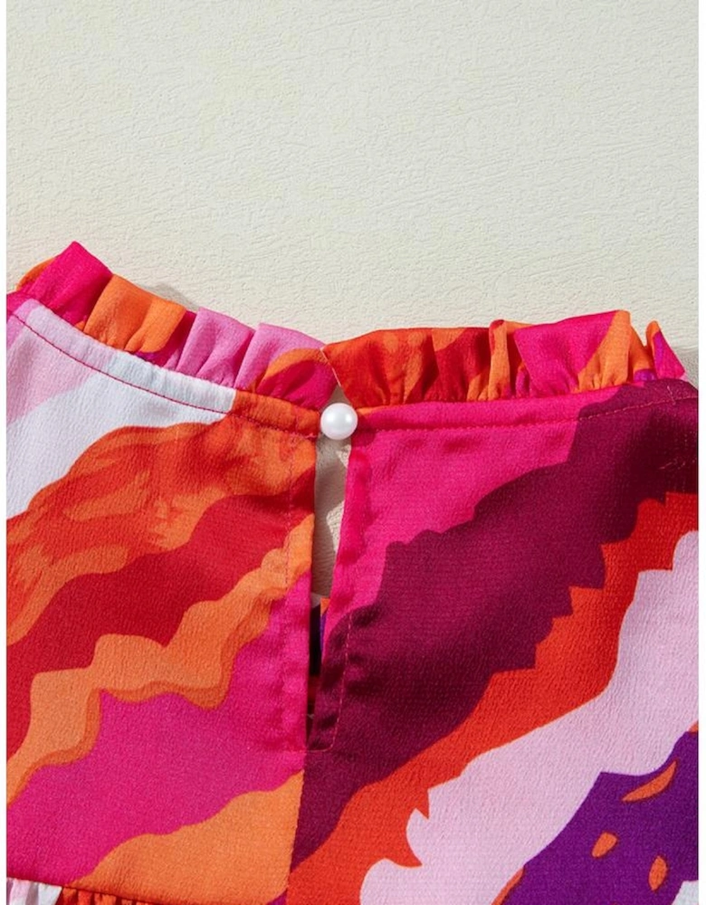 Rose Abstract Print Shirred Yoke Ruffled Blouse