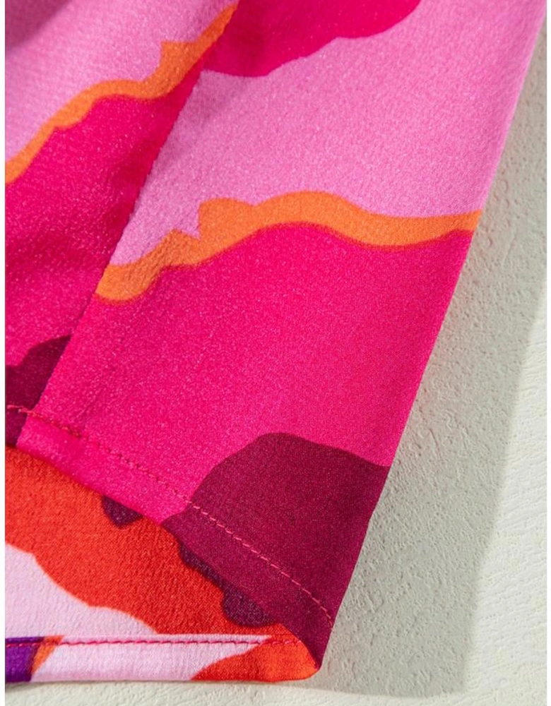 Rose Abstract Print Shirred Yoke Ruffled Blouse