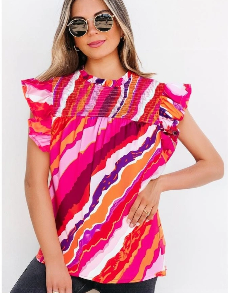 Rose Abstract Print Shirred Yoke Ruffled Blouse