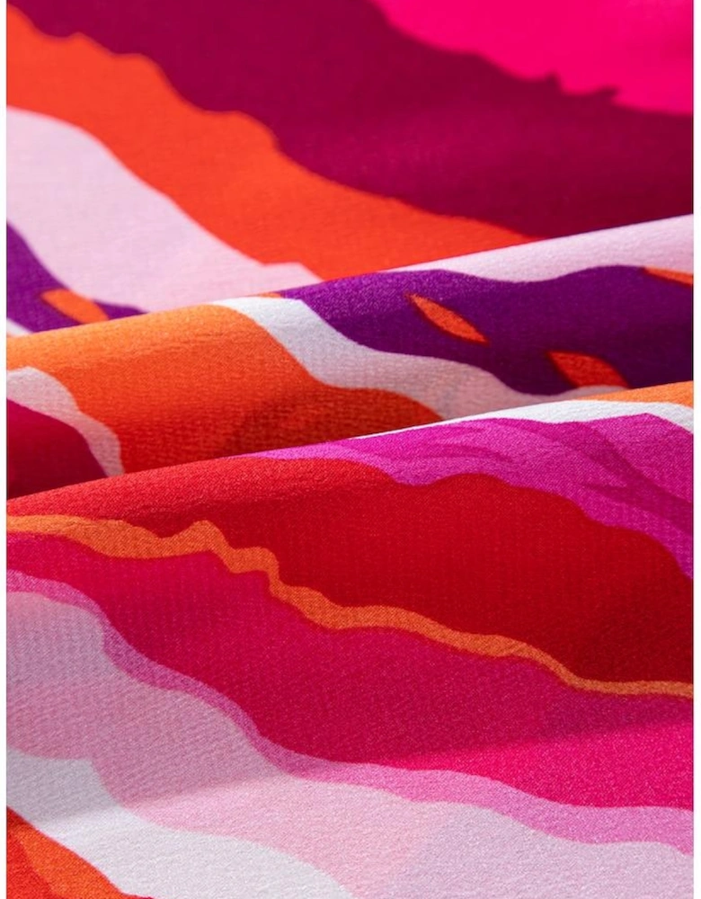 Rose Abstract Print Shirred Yoke Ruffled Blouse