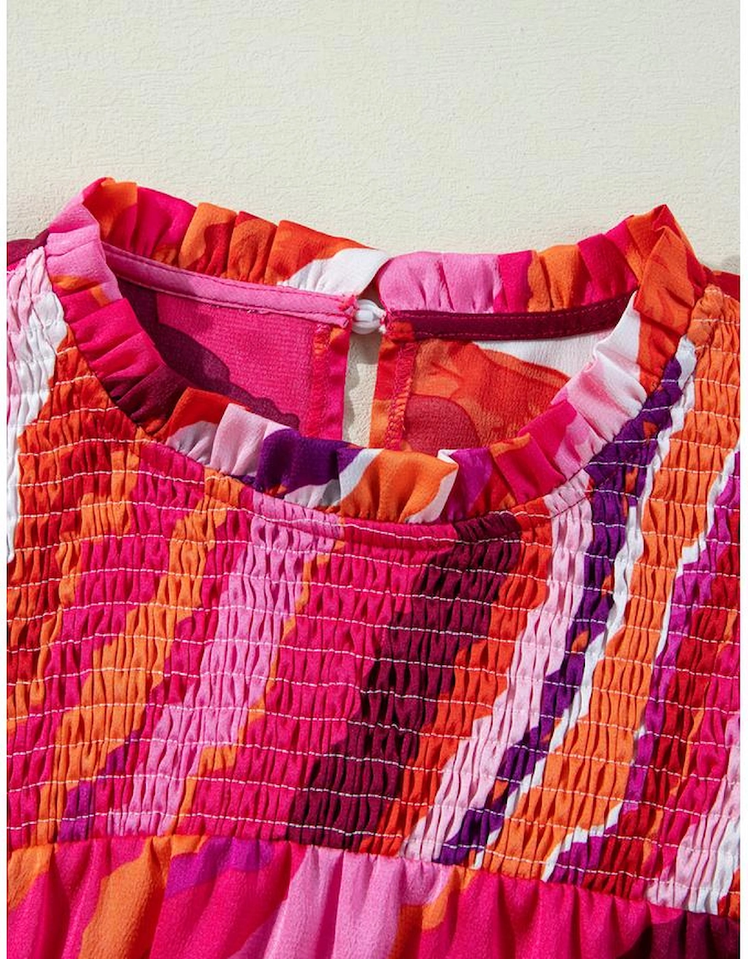 Rose Abstract Print Shirred Yoke Ruffled Blouse