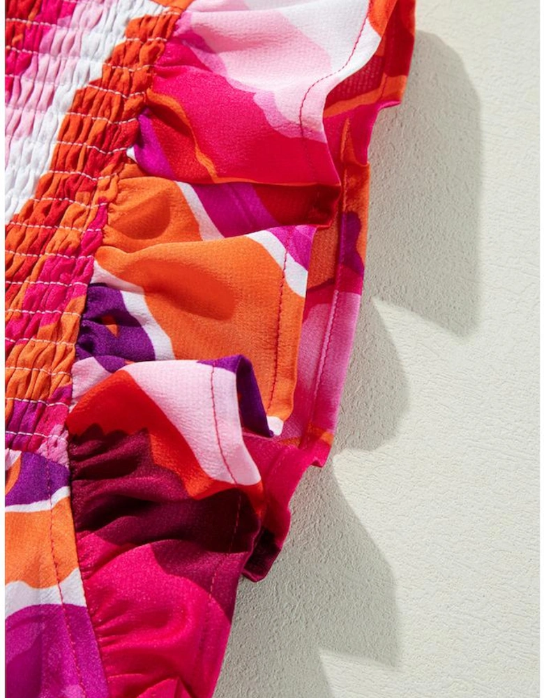 Rose Abstract Print Shirred Yoke Ruffled Blouse