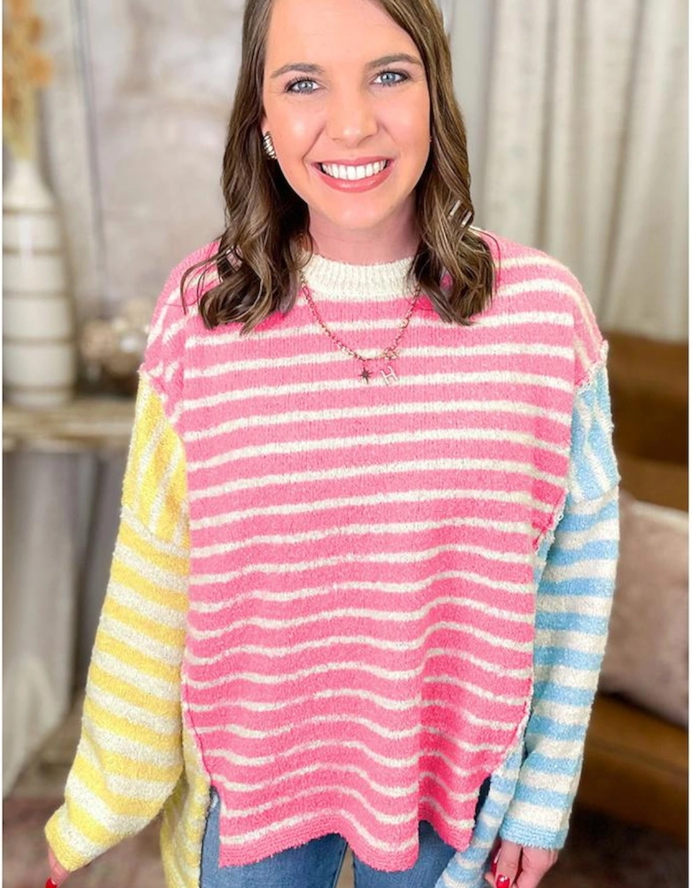 Multicolour Striped Exposed Seam Colorblock Patchwork Plus Size Sweater