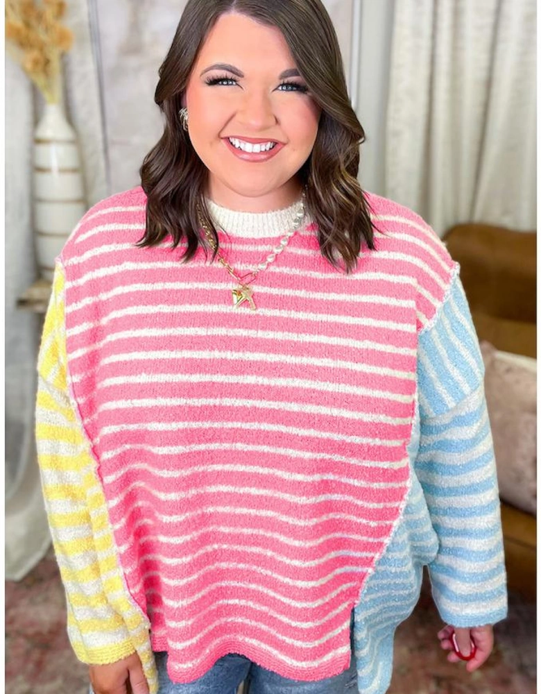 Multicolour Striped Exposed Seam Colorblock Patchwork Plus Size Sweater