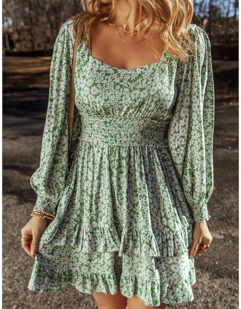 Green Floral Print Square Neck Shirred Waist Tiered Ruffled Mini Dress