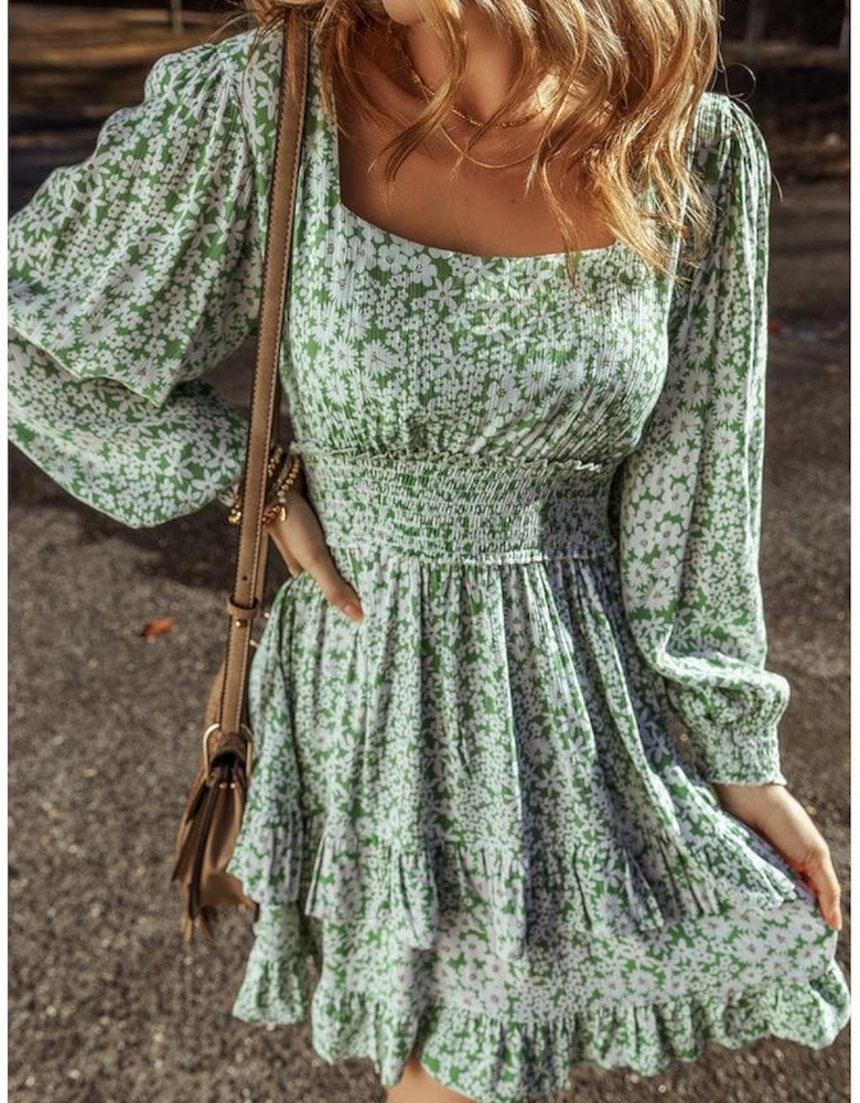 Green Floral Print Square Neck Shirred Waist Tiered Ruffled Mini Dress