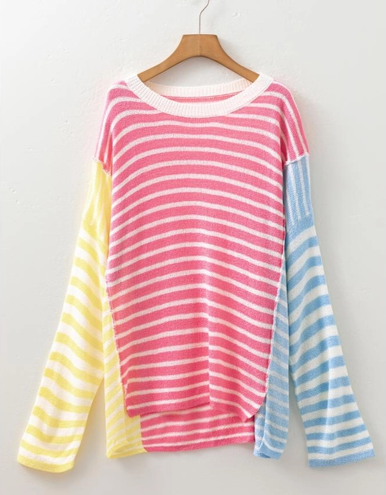 Multicolour Striped Exposed Seam Colorblock Patchwork Plus Size Sweater