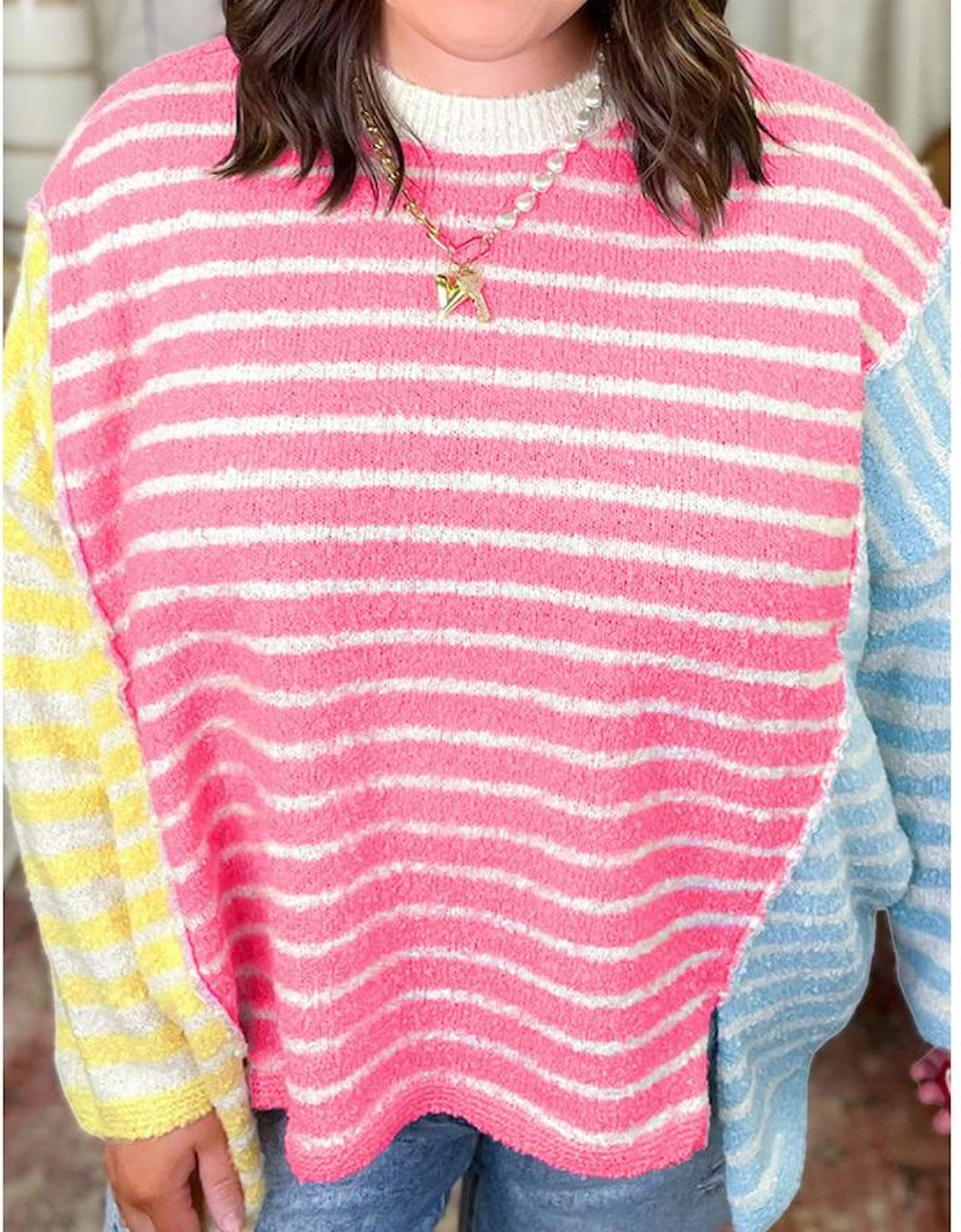 Multicolour Striped Exposed Seam Colorblock Patchwork Plus Size Sweater