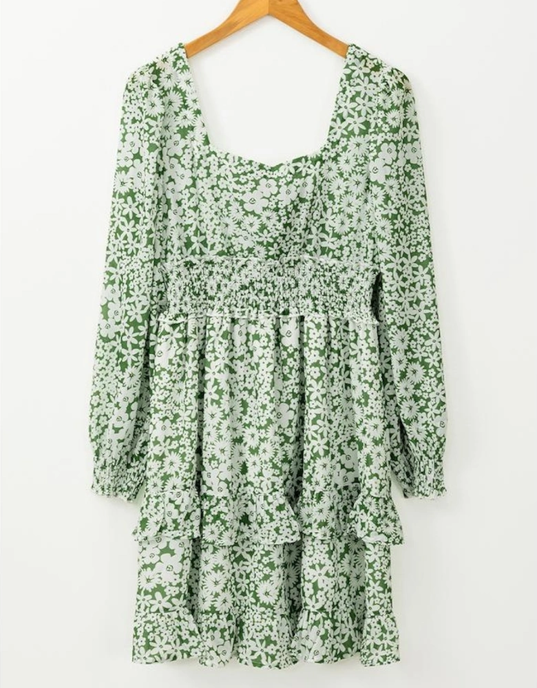 Green Floral Print Square Neck Shirred Waist Tiered Ruffled Mini Dress