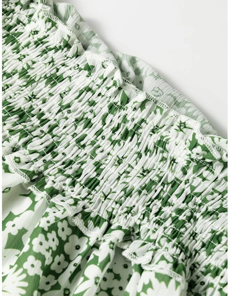 Green Floral Print Square Neck Shirred Waist Tiered Ruffled Mini Dress