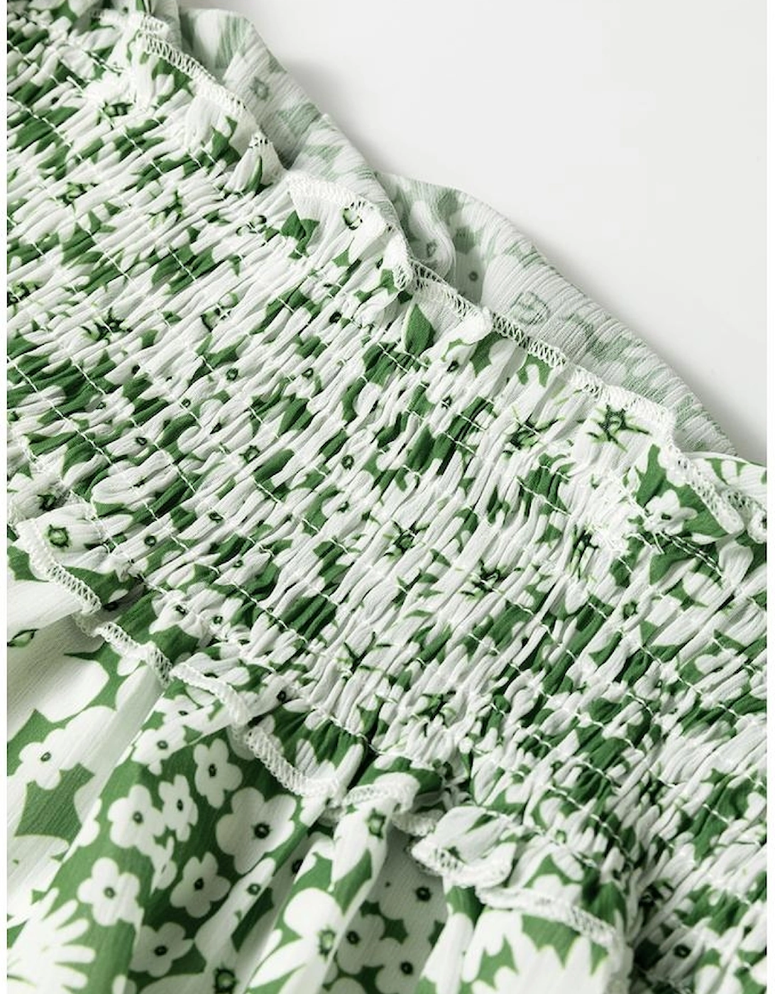 Green Floral Print Square Neck Shirred Waist Tiered Ruffled Mini Dress