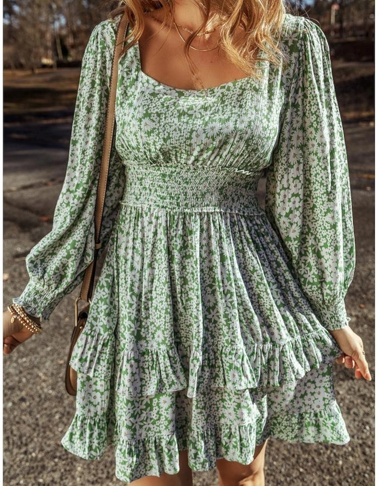Green Floral Print Square Neck Shirred Waist Tiered Ruffled Mini Dress
