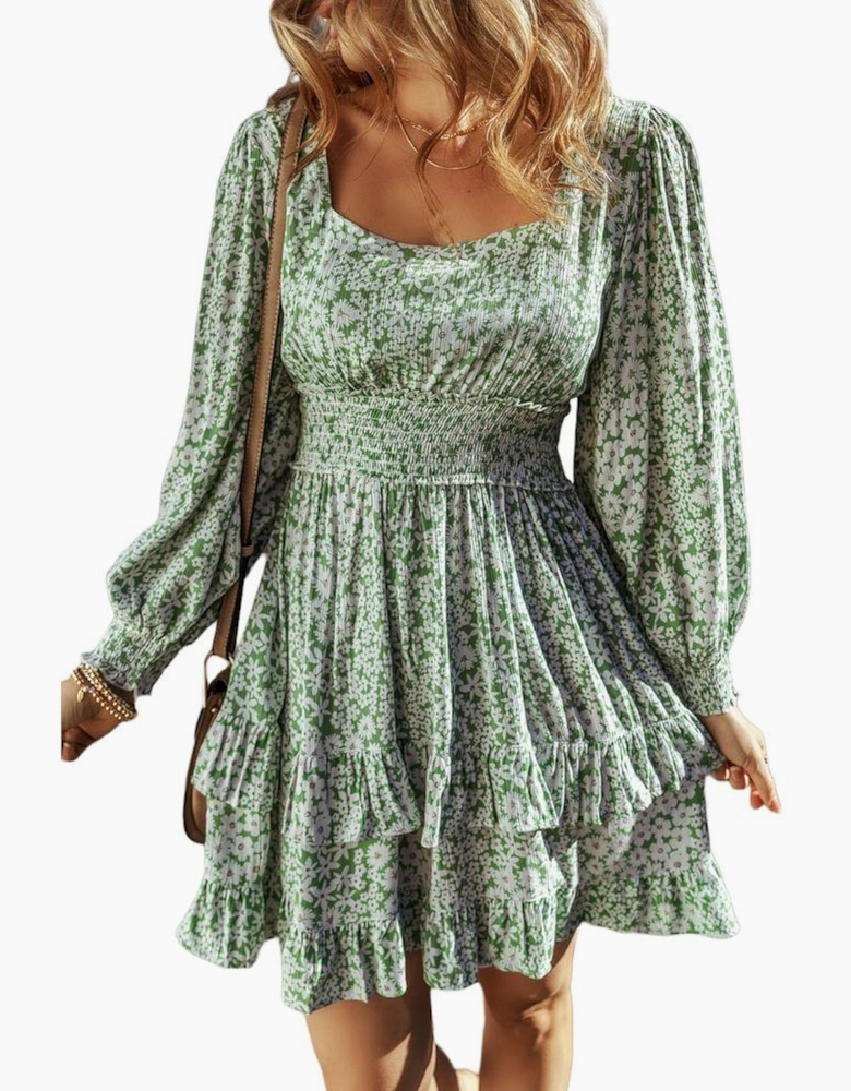 Green Floral Print Square Neck Shirred Waist Tiered Ruffled Mini Dress