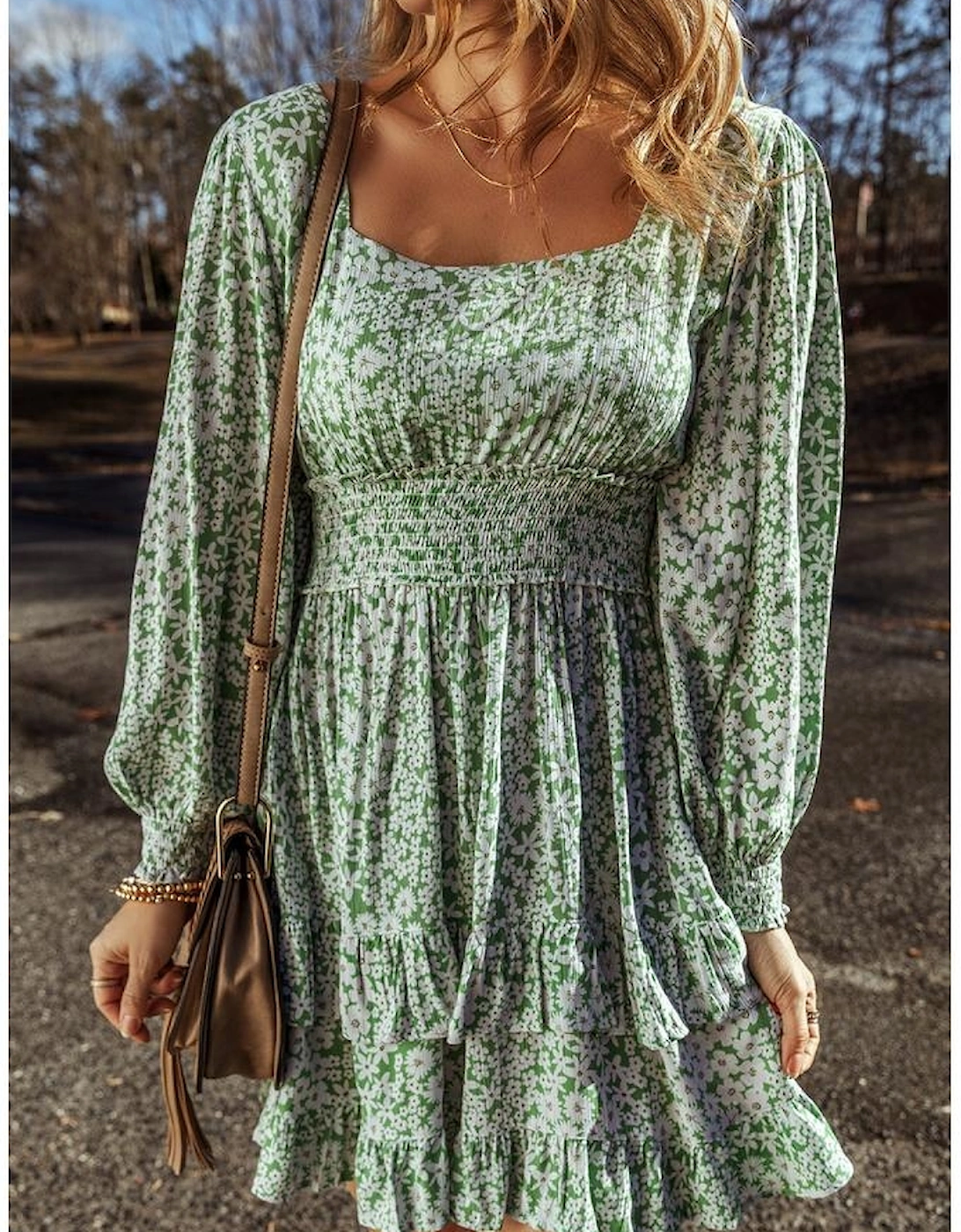 Green Floral Print Square Neck Shirred Waist Tiered Ruffled Mini Dress
