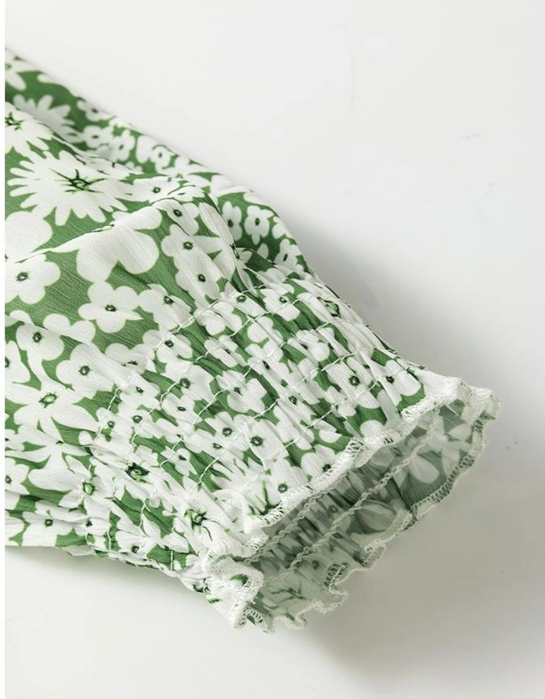 Green Floral Print Square Neck Shirred Waist Tiered Ruffled Mini Dress