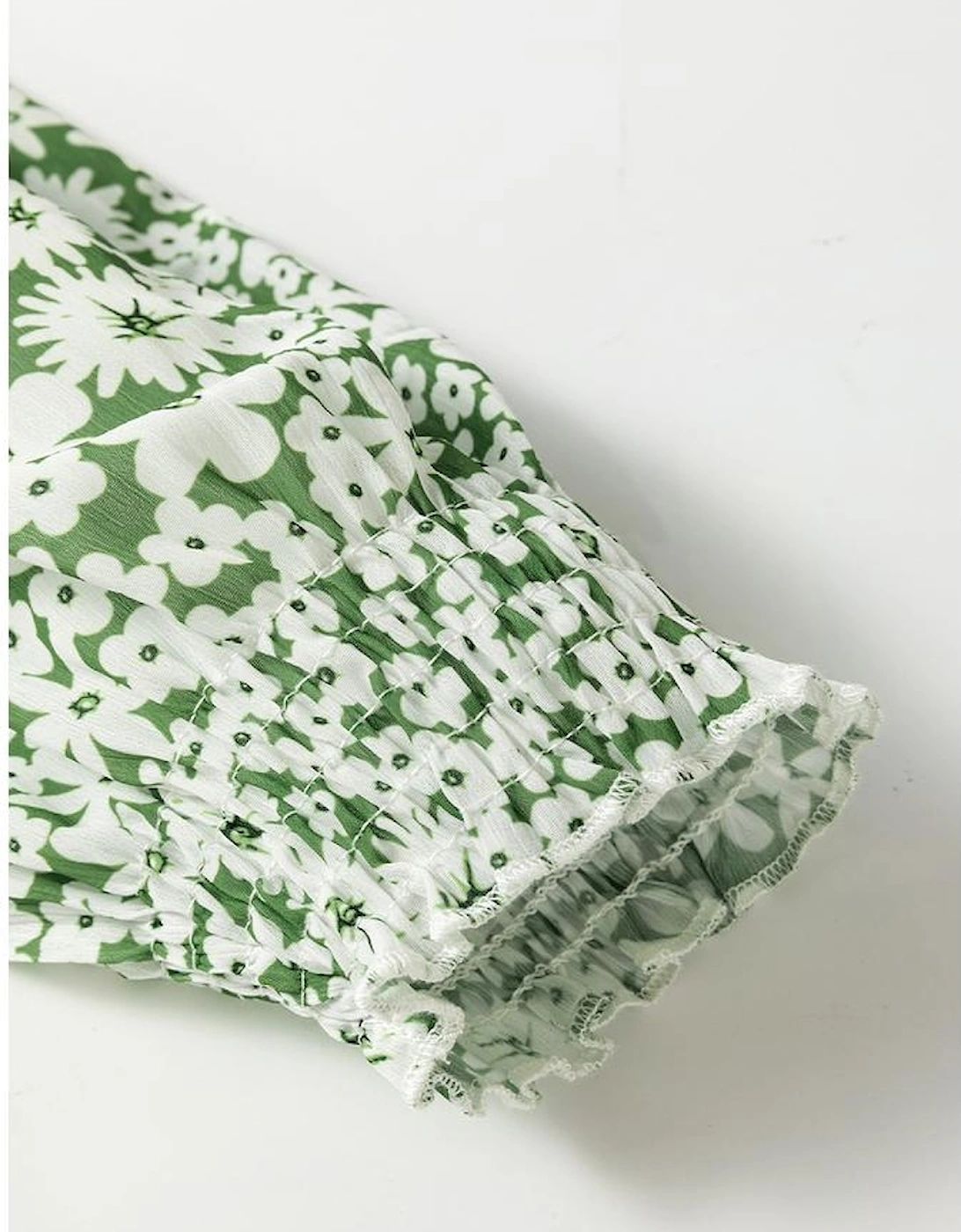 Green Floral Print Square Neck Shirred Waist Tiered Ruffled Mini Dress