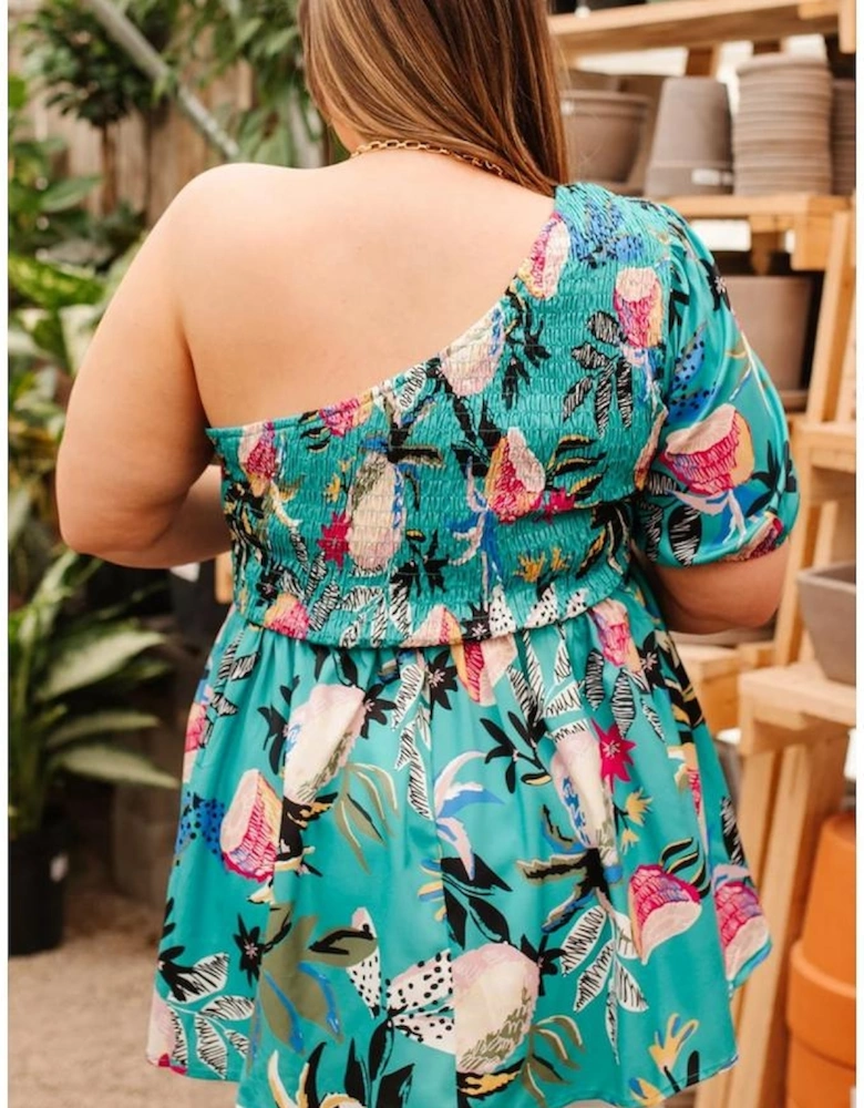 Green Plus Size Floral Smocked Bodice Single Puff Short Sleeve Babydoll Blouse