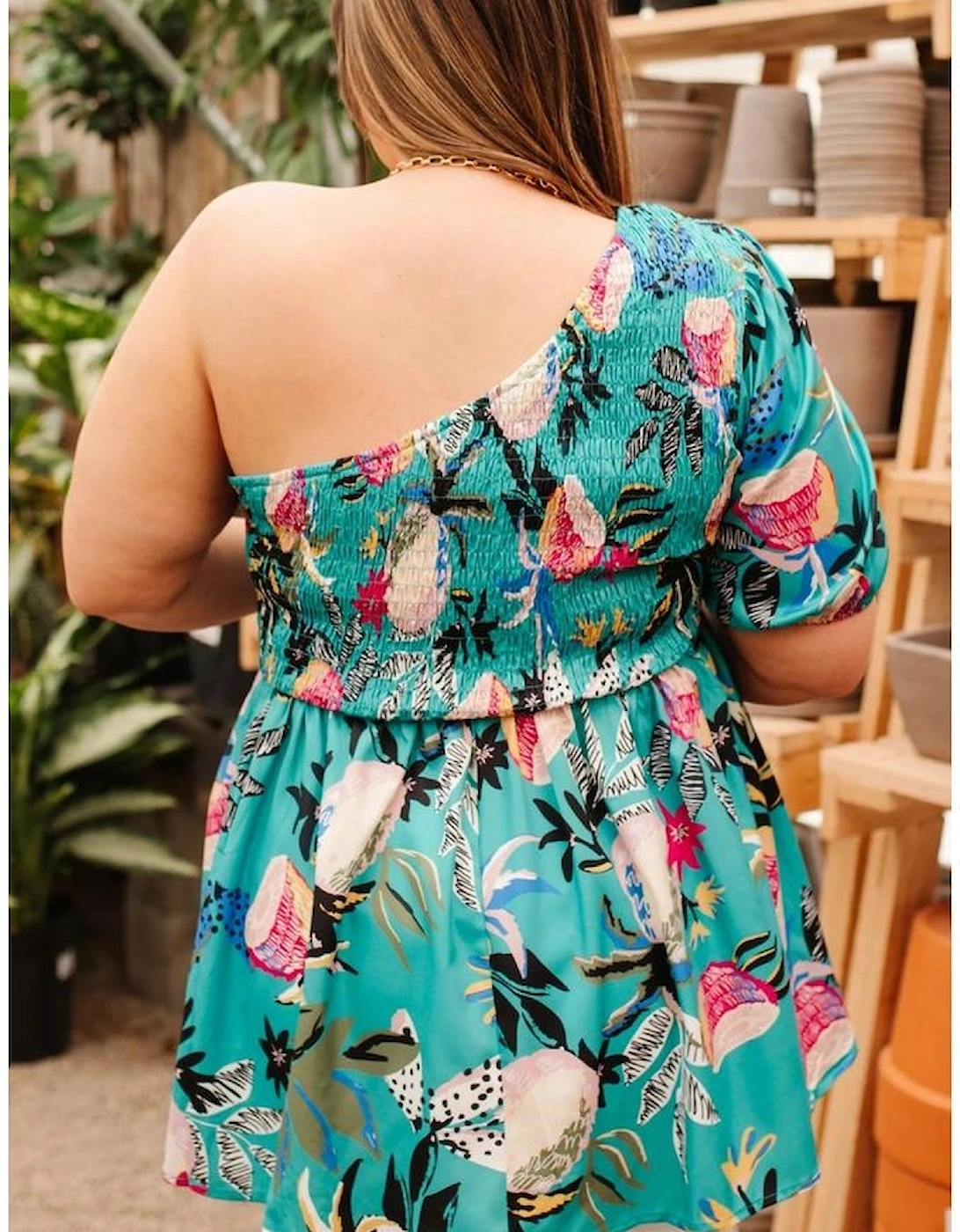 Green Plus Size Floral Smocked Bodice Single Puff Short Sleeve Babydoll Blouse, 16 of 15