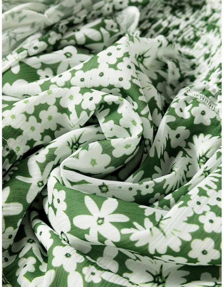 Green Floral Print Square Neck Shirred Waist Tiered Ruffled Mini Dress