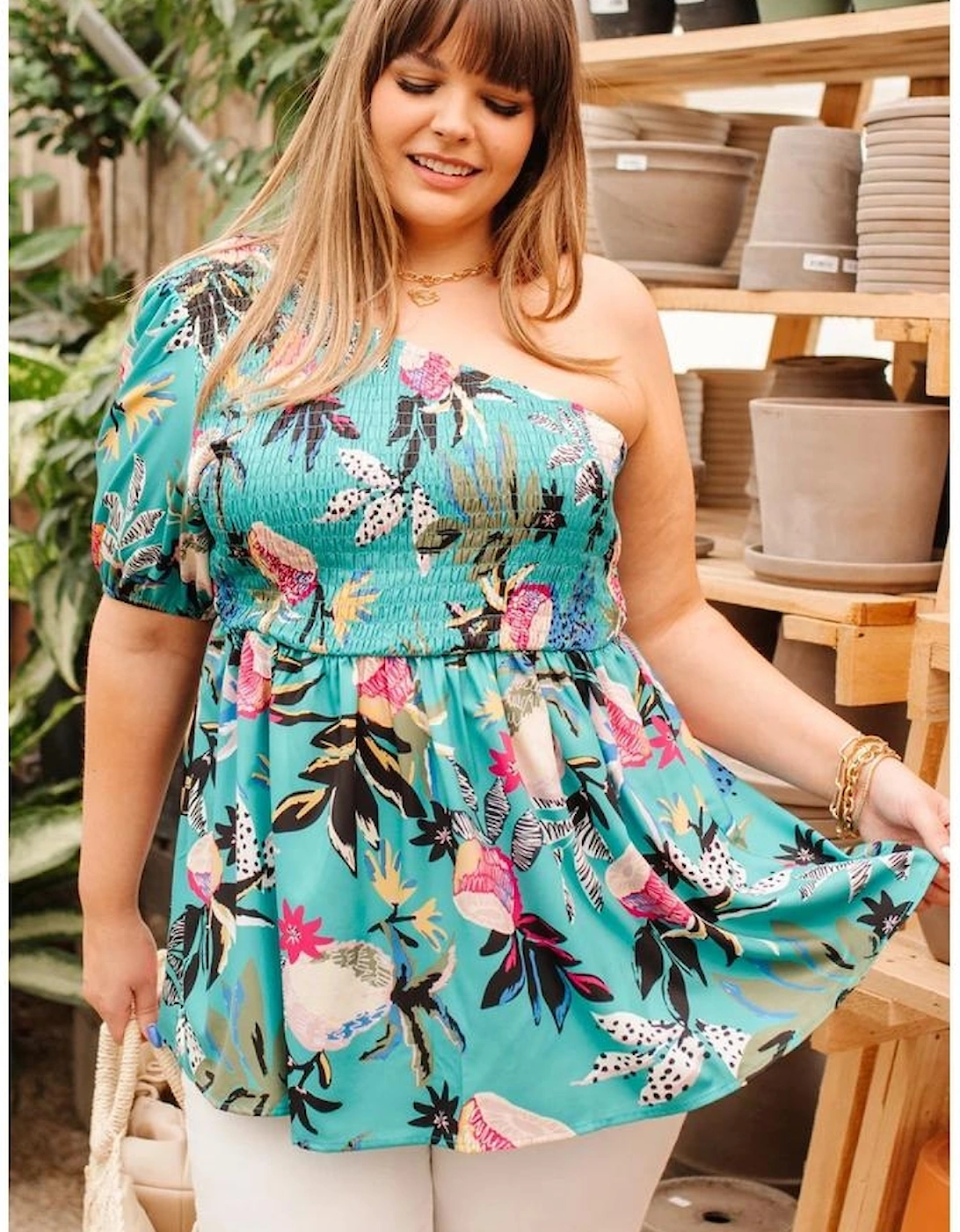 Green Plus Size Floral Smocked Bodice Single Puff Short Sleeve Babydoll Blouse
