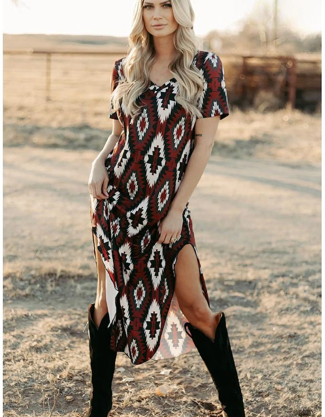 Red Western Aztec Printed Long T-shirt Dress
