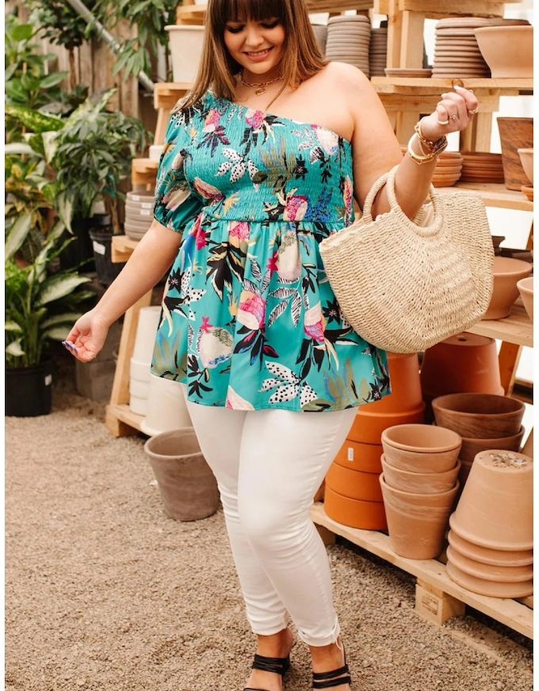 Green Plus Size Floral Smocked Bodice Single Puff Short Sleeve Babydoll Blouse