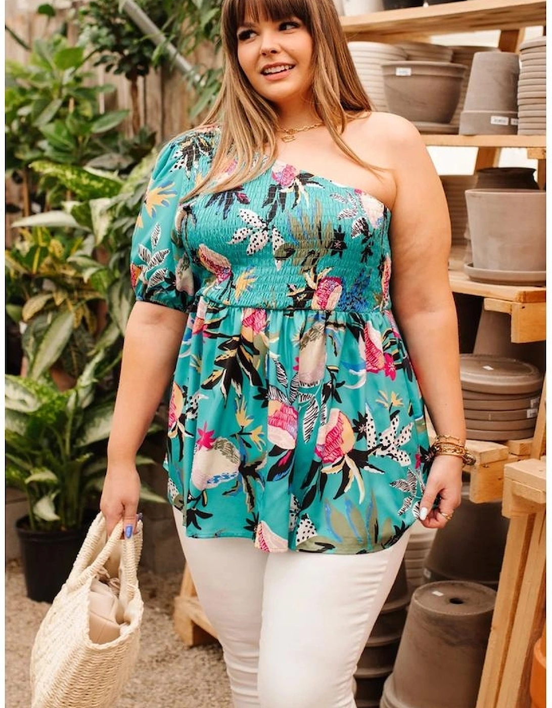 Green Plus Size Floral Smocked Bodice Single Puff Short Sleeve Babydoll Blouse