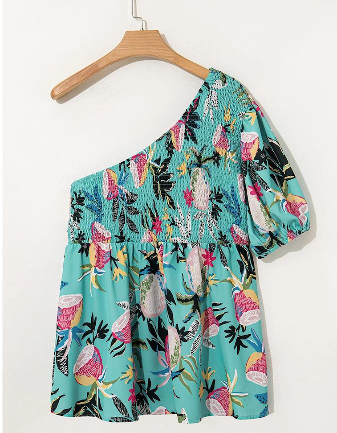 Green Plus Size Floral Smocked Bodice Single Puff Short Sleeve Babydoll Blouse