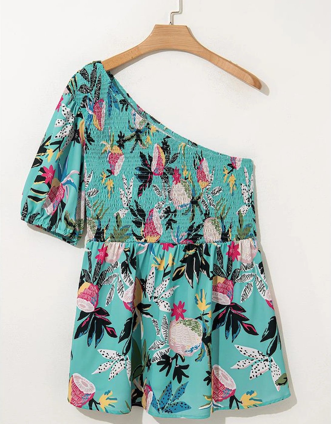 Green Plus Size Floral Smocked Bodice Single Puff Short Sleeve Babydoll Blouse