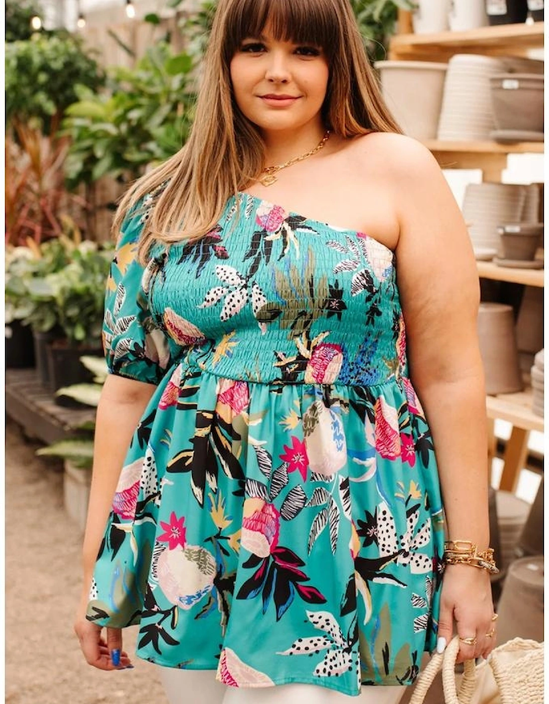 Green Plus Size Floral Smocked Bodice Single Puff Short Sleeve Babydoll Blouse