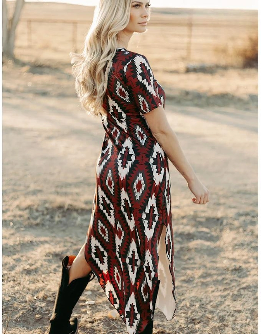 Red Western Aztec Printed Long T-shirt Dress, 12 of 11