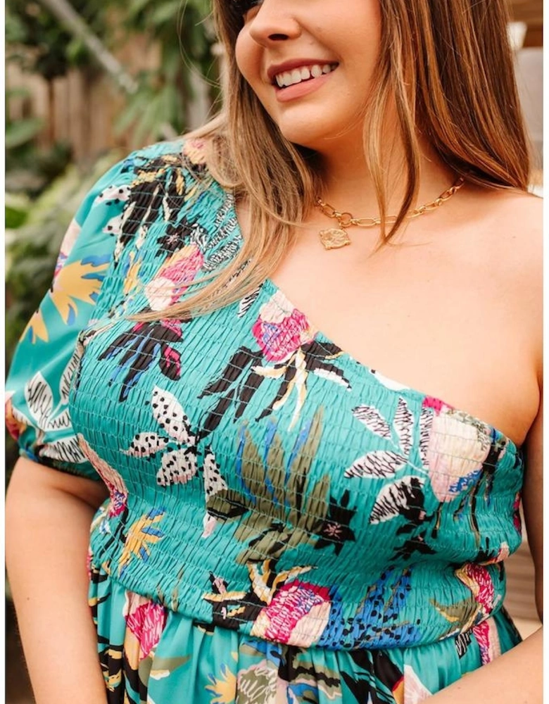 Green Plus Size Floral Smocked Bodice Single Puff Short Sleeve Babydoll Blouse