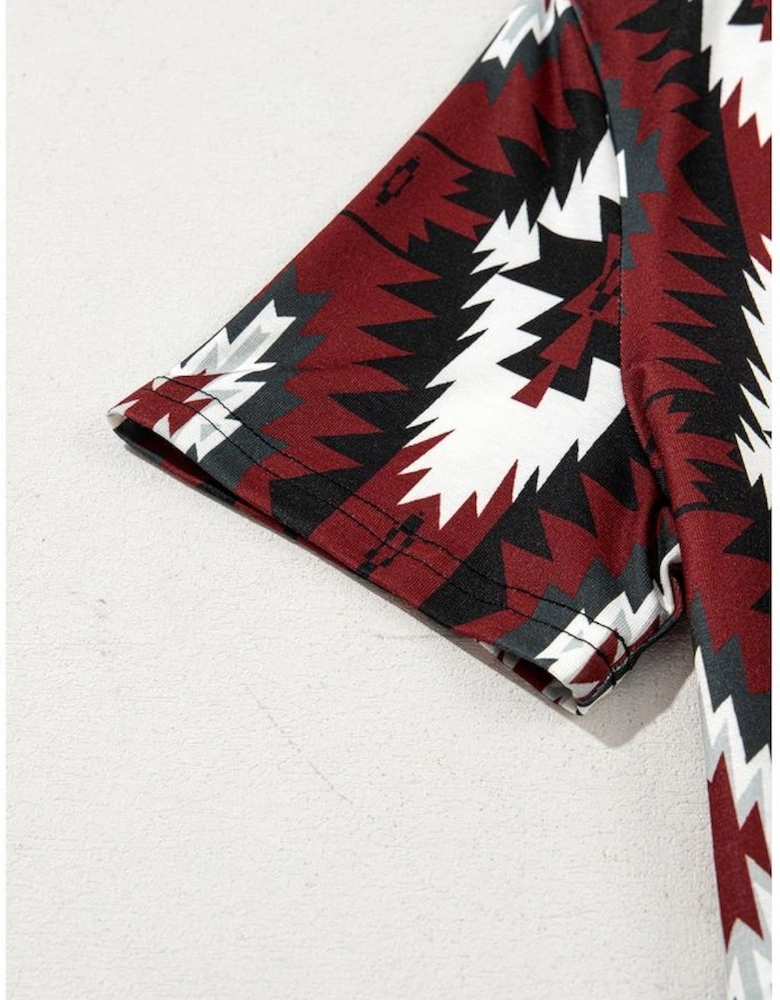 Red Western Aztec Printed Long T-shirt Dress