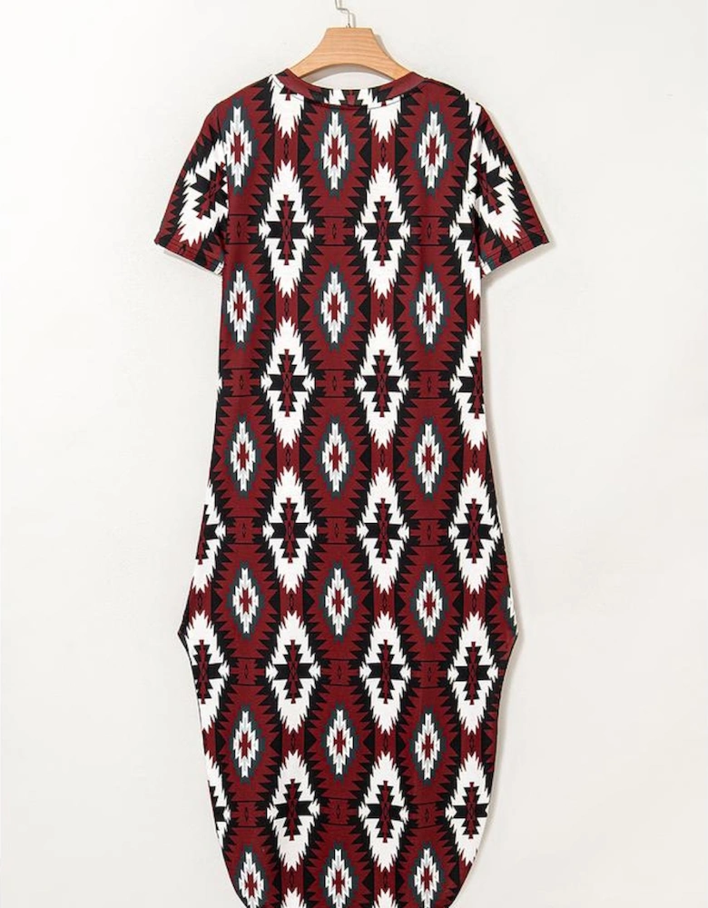 Red Western Aztec Printed Long T-shirt Dress