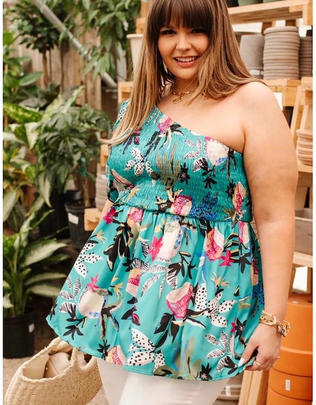 Green Plus Size Floral Smocked Bodice Single Puff Short Sleeve Babydoll Blouse