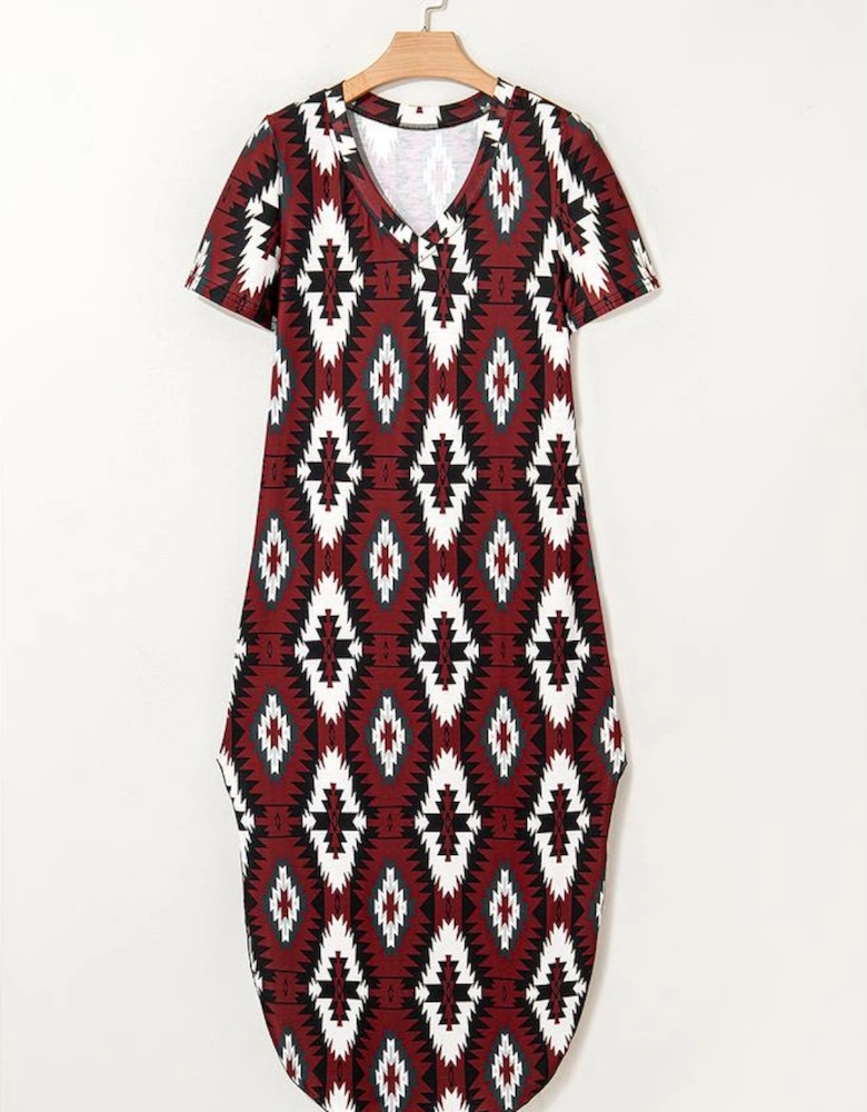 Red Western Aztec Printed Long T-shirt Dress