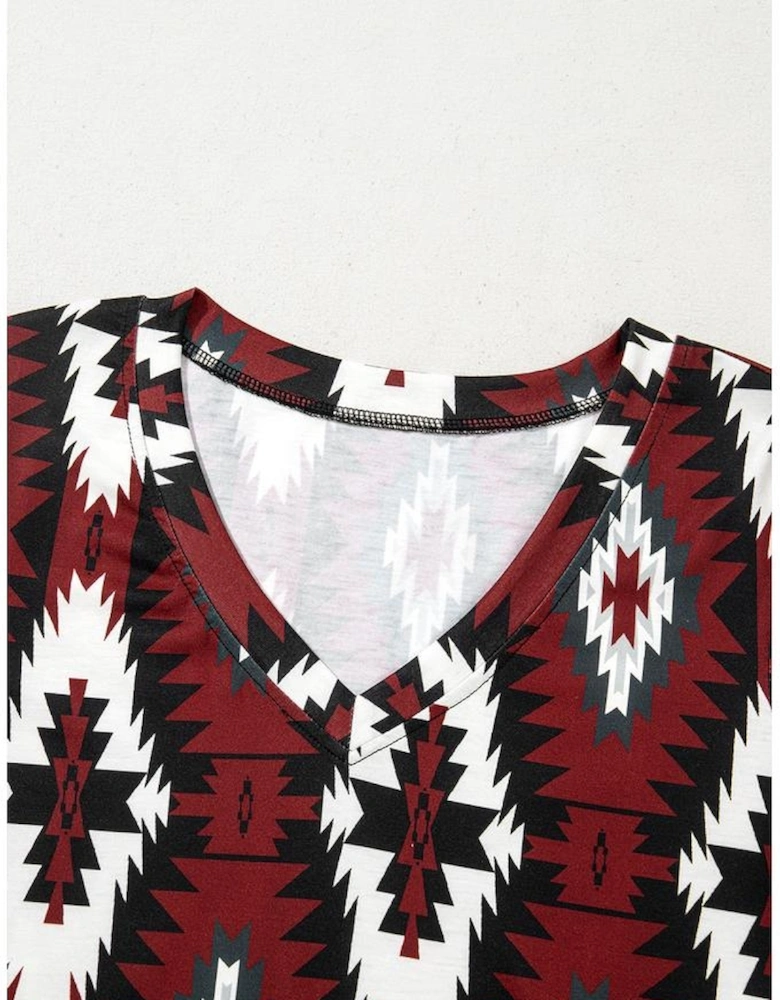 Red Western Aztec Printed Long T-shirt Dress